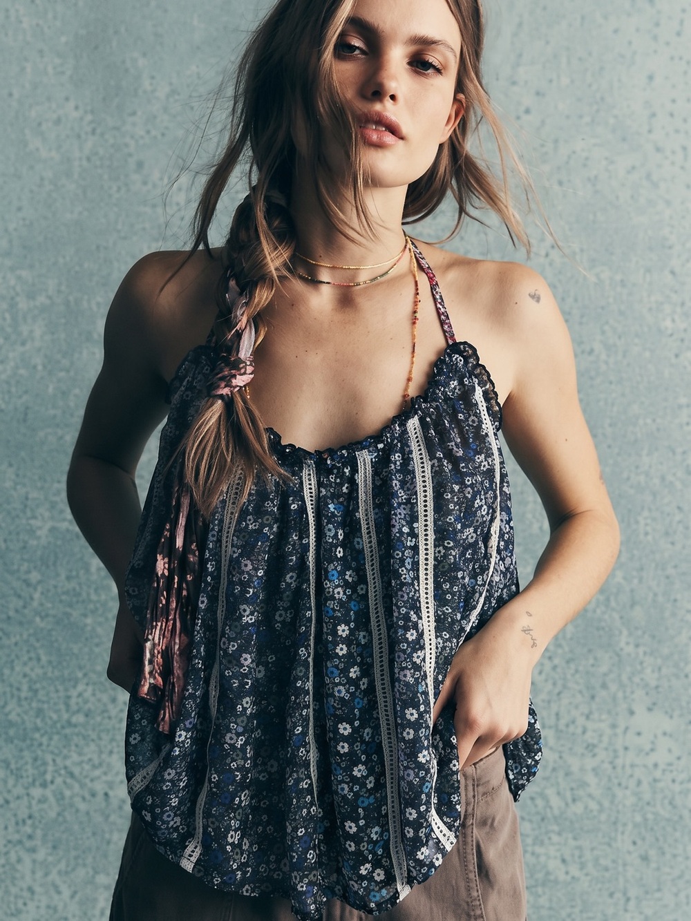Free People Bohemian Retro 70s Flower Child Costa Printed Tank Floral Lace Large